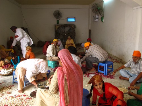 The volunteers peeling onions.